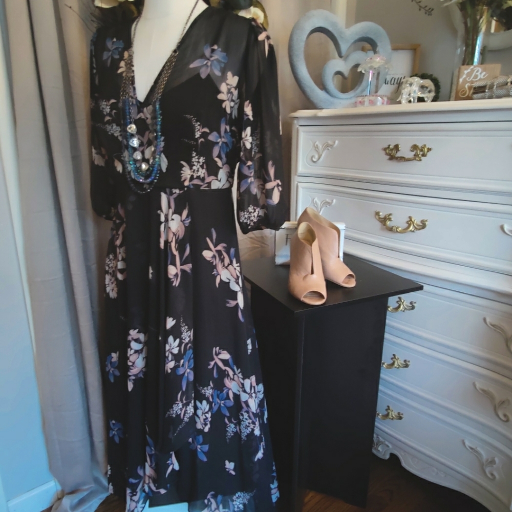 Calvin Klein Faux Wrap V-Neck Hi Lo Floral Dress